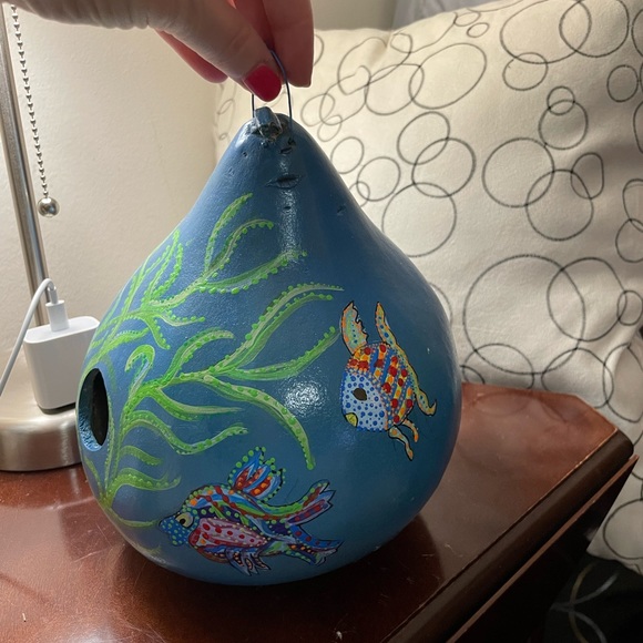 Hand crafted painted blue FISH  bird house blue dry gourd multicolored dotted - Picture 5 of 14